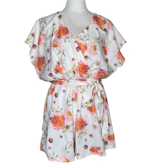 Cosmic Beauty Floral V-Neck Belted Elastic Waist Butterfly Sleeve Romper L-XL - Picture 1 of 8